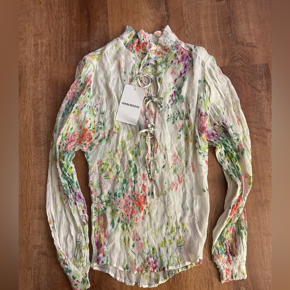 NWT Sabina Musayev Floral Puff Sleeve Tie Top Size S White Multicolor - Picture 4 of 4